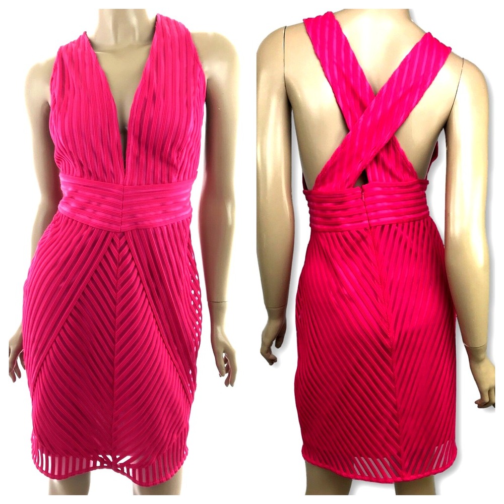 Lumier by Bariano Dress Size M Dark Pink Low V-Neck Cross Over Straps in Back